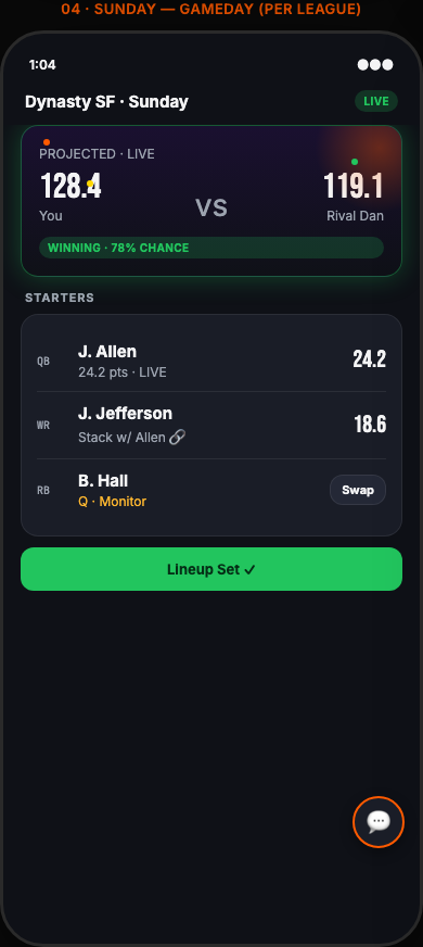 Pylon Sunday gameday per-league screen