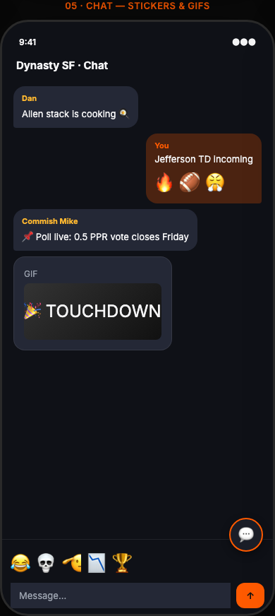 Pylon league chat with stickers and GIFs