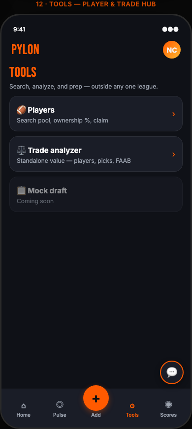 Tools hub with trade analyzer entry point